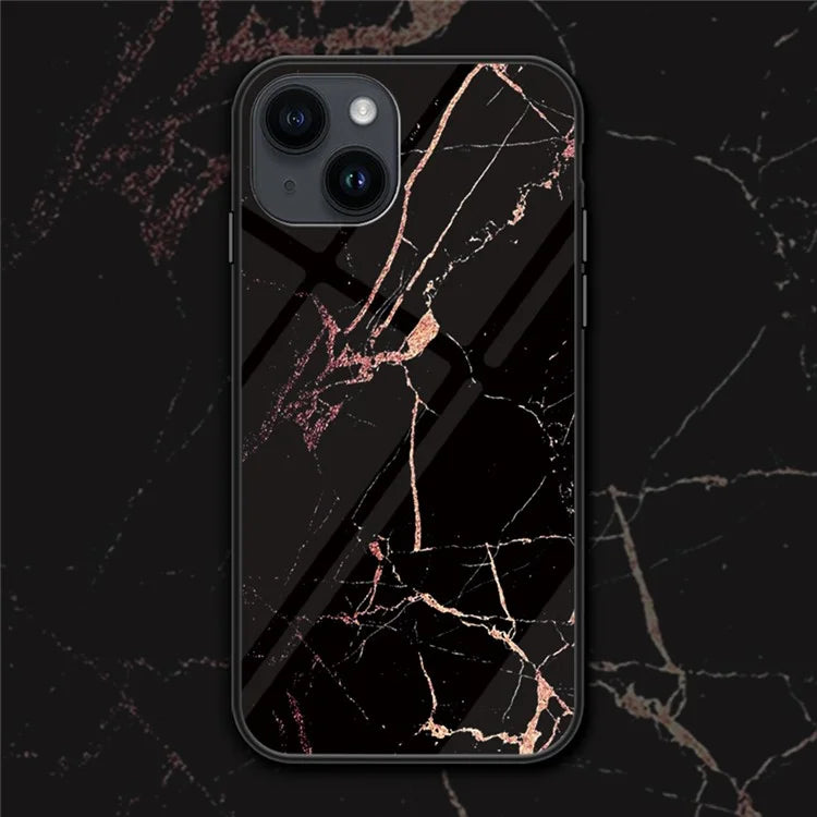 iPhone 15 Plus Case Gold Black Marble Tempered